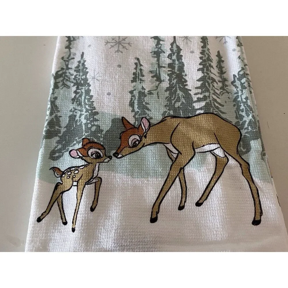 Set‎ Of 2 Disney Kitchen Towels Bambi and Mother Winter Pine Trees Holiday NEW